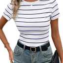LilyCoco Womens Striped Short Sleeve T Shirts Crewneck Knitted Top Fitted Tee Blue Large (L)