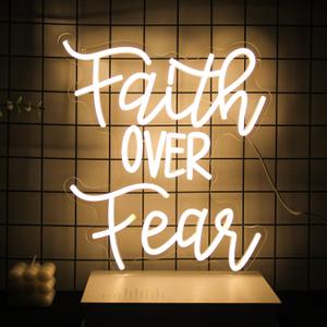 Faith Over Fear Neon Sign Jesus Neon Light Christian LED Signs for Wall Dimmable Warm White Letters Neon Lights Signs for Bedroom Man Cave Classroom Church Decor Christian Religious Sayings