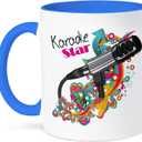 3dRose Karaoke Star Singer Modern Colorful Pop Art Vector Mic Microphone Two Tone Mug, 11 oz, Blue/ White