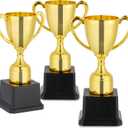 Blue Panda Trophy Award Cup Set - 3-Pack, 7-Inch Gold Plastic Cups - Mini Participation Trophies for Kids