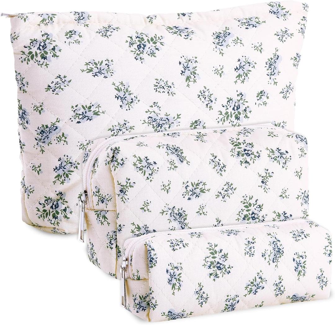 Paterr 3 Pcs Makeup Bag Quilted Cotton Cosmetic Pouch Set Cute Bow Floral Coquette Aesthetic Preppy Makeup Skincare Bag Travel Toiletry Bags for Women Valentine's Gift(Floral,Vintage Color)