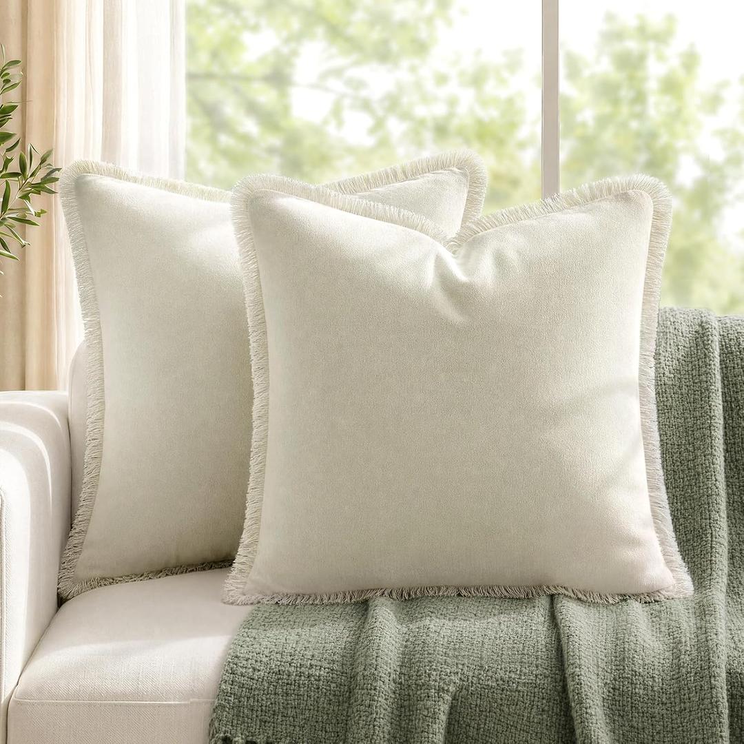 HOMEIDEAS Ivory Cream Velvet Throw Pillow Covers 24x24 Set of 2 | Short Fringe Four Side Fringe,Plush Velvet Feel Neutral Boho Decor,Sofa Couch Bed Bedroom,Modern Farmhouse Boho Decor