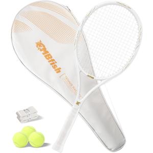 Tennis Racket - Super Value Set with Pre-Strung, Comfortable Handle, 27'' Tennis Racquet for Adults, Includes 3 Tennis Balls, 2 Overgrips and 1 Tennis Bag (White)