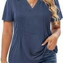 Plus-Size-Summer-Tops for Women Casual Collared V Neck Polo Shirts Business Pleated Tunics Trendy Short Sleeve Blouses (Blue, XXL)