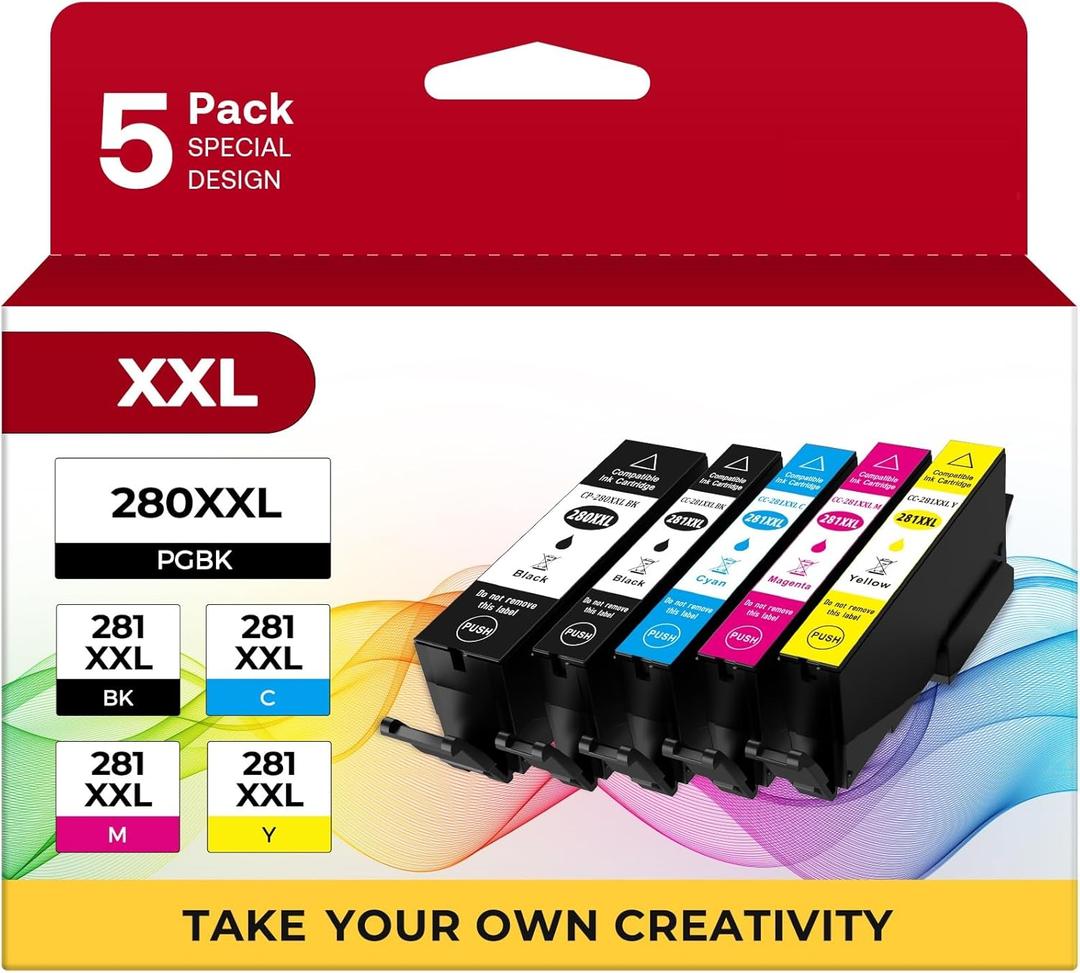 PGI-280 XXL/CLI-281 XXL Ink Cartridge 5 Color Value Pack Replacement for Canon 280 281 Ink Cartridges Compatible with Printer TR8520 TR8620 TR7520 TR8600 TS6120 TS6220 TS9120