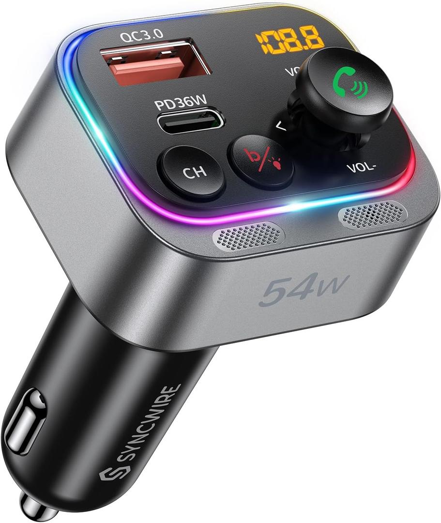Syncwire Bluetooth 5.4 FM Transmitter Car Adapter 54W (PD 36W & 18W) [Stronger Dual Mics] [Light Switch] [HiFi Bass Sound] [Fast Charging] Wireless Radio Receiver Hands-Free Calling LED Display (Silver)