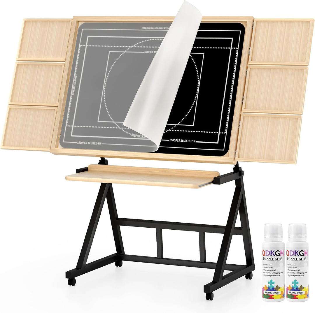 Wooden Jigsaw Puzzle Table with Moving Caster for 1500 Piece Puzzles, Puzzle Board with Drawers, Felt Surface, Adjustable Height & Tilt, Christmas & Birthday Gift for Seniors & Puzzle Lovers