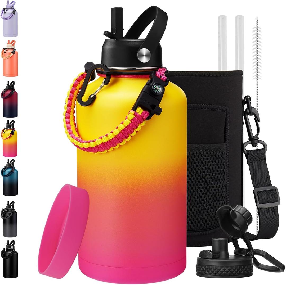 BENZZO 64 oz Water Bottle Insulated - Keep Cold 48H & Hot 24H, Half Gallon Water Jug with Paracord Handle, Straw Spout Lids, Stainless Steel Flask Canteen, Large Water Bottle for Women Men Work Sport