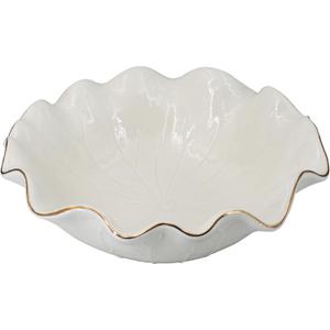 10" Large White Ruffle Lotus Design with Gold Trim Ceramic Fruit Bowl, Decorative Leaf Floral Bowl for Coffee Table Kitchen Counter and Home Decor Approx Capacity 45 fl oz