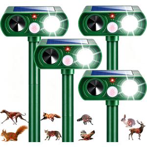 4 Pack Upgraded Sonic Fortress Pro Deer Repellent Solar Animal Repellent Ultrasonic Outdoor Cat Deterrent with Motion Sensor Strobe Light for Skunk Rabbit Raccoon Squirrel Fortress Pro for Yard Garden