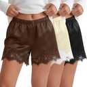 Xaatren 3 Pack Women's Lace Trim Shorts Satin Silk Lounge Shorts Micro Mini Y2k Pettipants Sleep Bottoms Half Slip Pj Pants Black, Brown, Cream XXL 
