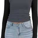 Abardsion Women's Long Sleeve Shirts Y2K Slim Fit Stretchy Slightly Crop Tops (Gray, S)
