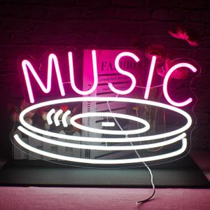 Music Record Neon Sign Pink White Led Neon Light Signs for Wall Decor Usb Light Up Signs for Bedroom Studio Music Live Record Store Kids Room Party Decoration