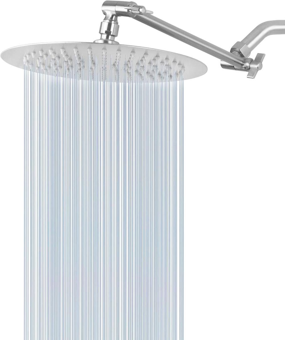 NearMoon Rain Shower Head with 11'' Adjustable Arm, High Pressure Stainless Steel Rainfall Shower, Ultra-Thin Design - Pressure Boosting (10 Inch, Nickel)