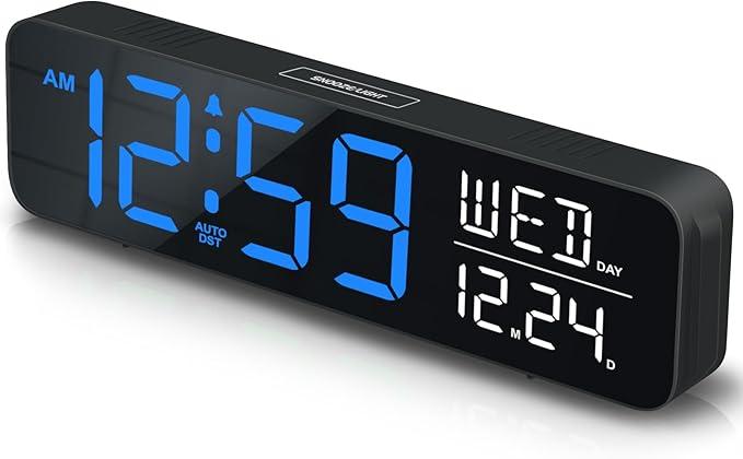 Peakeep Large Display Digital Alarm Clock for Bedrooms, Date Day of Week Calendar Desk Table Clocks for Living Room Office, Dimmable Plug in Electric Clock, 5 Volumes, Loud, Auto DST