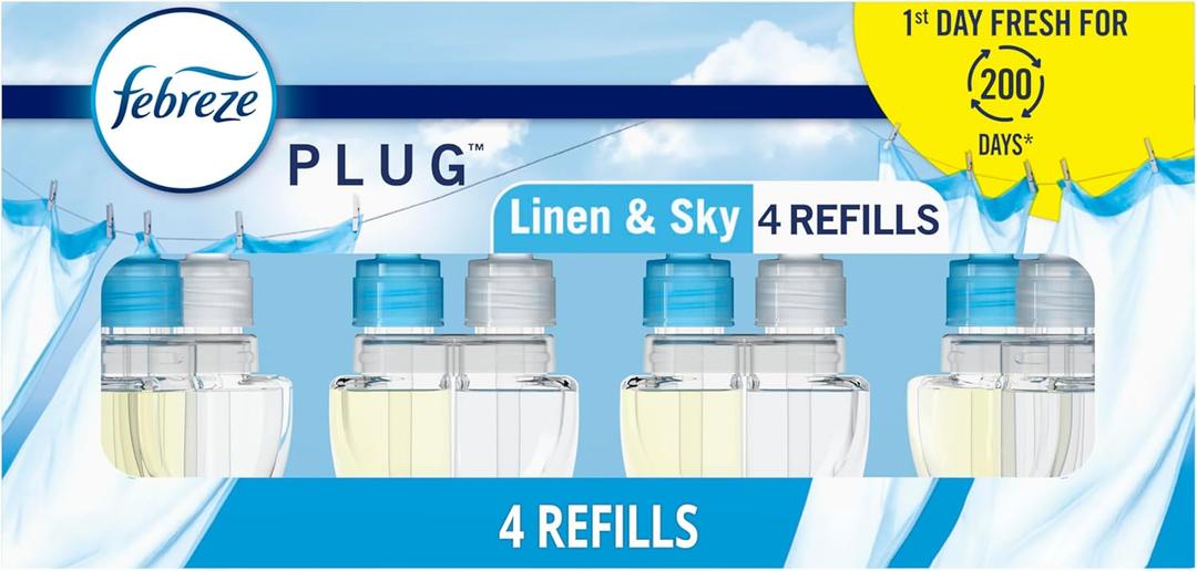 Febreze Plug In Air Freshener, Odor-Fighting Scented Oil Refill, Linen & Sky Scent, 4 Refills