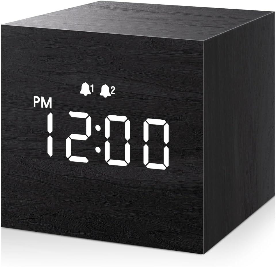 Digital Alarm Clock, with Wooden Electronic LED Time Display, 3 Dual Plus Alarm, 2.5 Inch Cubic Small Mini Wooden Made Electric Clocks for Bedroom, Bed, Desk, Black