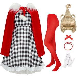 7Pack Christmas Red Costume Kids Girls Christmas Dress with Wig Long Blonde Braid with Red Beads Necklace Bow (2XL/11-12Y)