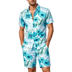 JOGAL Men's Flower Casual Button Down Short Sleeve Hawaiian Shirt Suits (L)