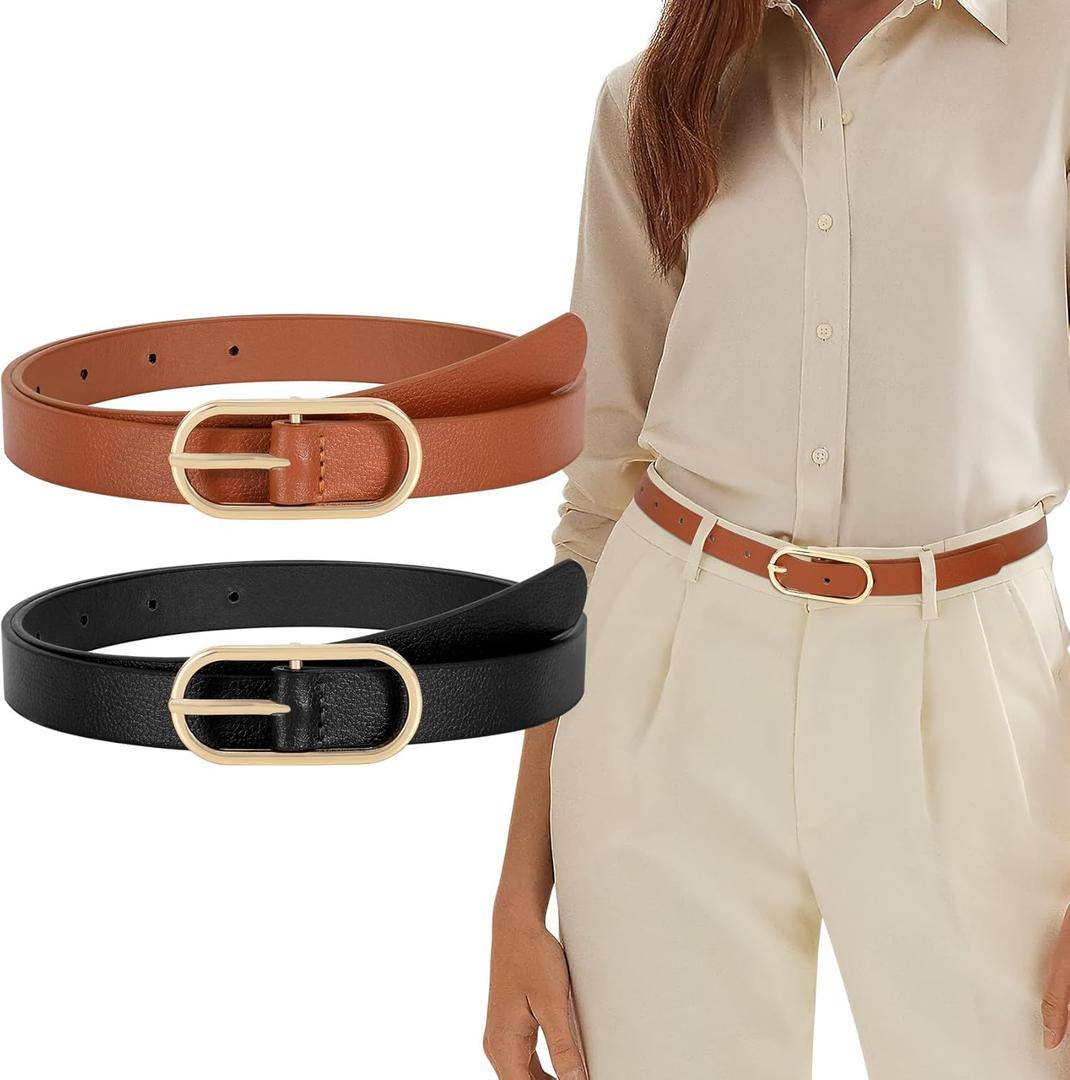 2 x XZQTIVE 2 Pack Women's Skinny Leather Belt Thin Belt for Women with Gold Buckle Plus Size Waist Belt for Jeans Dresses Pants (Brown)