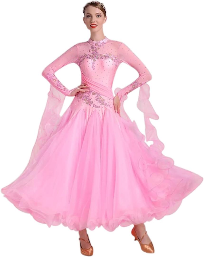 Women's Ballroom Dance Dress - Floral Rhinestone Professional Modern Waltz Competition Dress for Prom & Party (X-Large, 034 Pink)