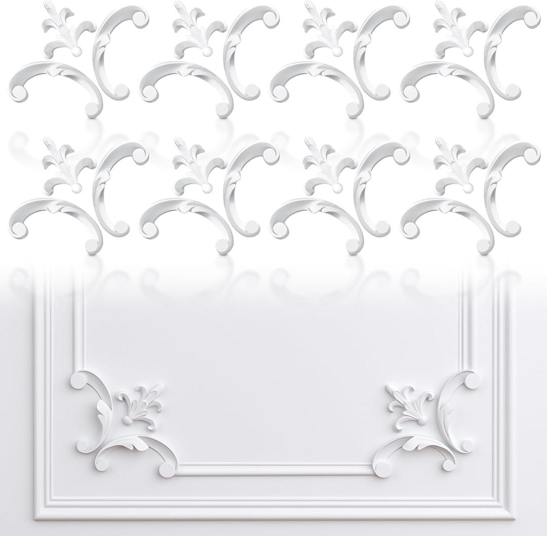 Pangda Corner Wall Molding French Style Wainscoting Panels Flora Moulding Corner Panel Wall Molding Kit for Cabinet Picture Frames Decor, Not Include Glue(8 Pcs,Fleur De Lis Style)