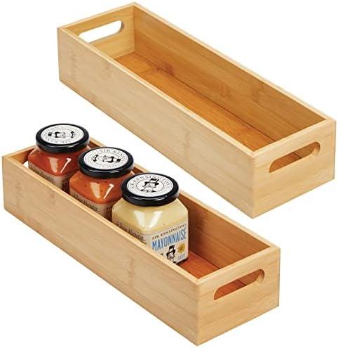 mDesign Set of 2 Kitchen Storage Box – Open-Top Bamboo Storage Tray with Handles – Ideal for Use as a Cupboard Organiser or on The Shelf – Natural (14.5 x 4.6 x 3 (Pack of 2))