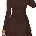 PRETTYGARDEN Womens Spring Long Sleeve Dresses 2026 Mock Neck Ruched Y2K Clothes Ruffle Layered Bodycon Mini Party Dress (Medium, Brown)