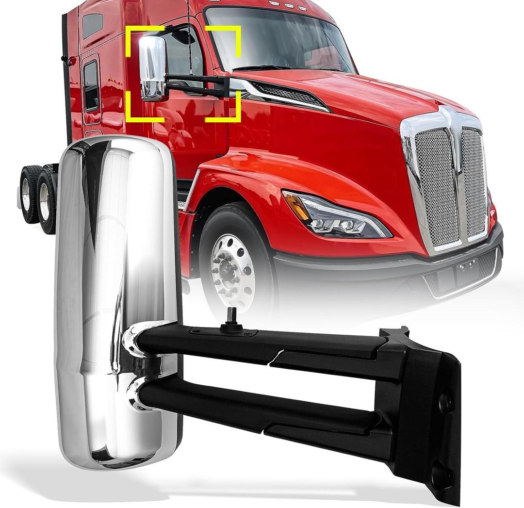 High Soar for Kenworth T680 T880 Door Mirror Assembly,Heated Defrost Motorized Rear View Mirror Assembly with Arm Replacement for Kenworth T880 T680 Passenger Side/Right Side (Chrome), Black