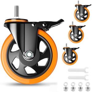 5 Inch Caster Wheels, Threaded Stem Casters Set of 4 Heavy Duty, Swivel Casters 1/2"-13 x 1 (Screw Diameter 1/2", Stem Length 1"), Safety Dual Locking Industrial Casters, Wheels for Cart, Furniture