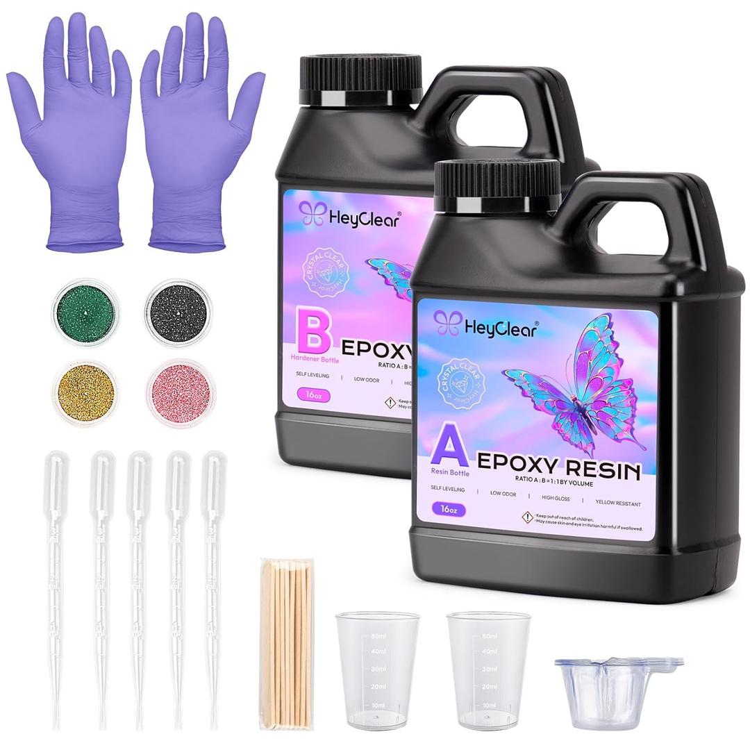 Epoxy Resin Kit 32 oz Crystal Clear, Hard Upgraded 2 Part Epoxy and Hardener for Casting Coating, Jewelry Making, DIY Crafts Art (16oz + 16oz)