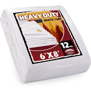 Heavy Duty White Tarps 6' X 8',12 Mil Extra Thick,Durable,Waterproof, UV Resistant, Weatherproof Poly Canopy Tarp,Camping,Carport, (Finished Size)-by Raindeway