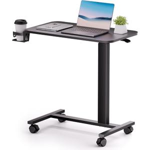 COMHOMA Adjustable Overbed Bedside Table with Lockable Wheels, Pneumatic Mobile Standing Laptop Desk, Small Standing Desk Portable Rolling Overbed Table Hospital Home Use(28" W x 16" D, Black)