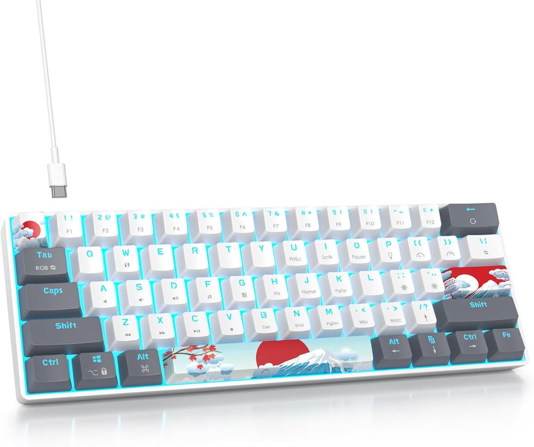 60% Mechanical Keyboard White Grey, Compact 60 Percent Gaming Keyboard RGB Backlit, 61 Keys Red Switches Mini Keyboard, USB Wired Office Keyboard for Windows Mac Laptop PC (61 Grey White)