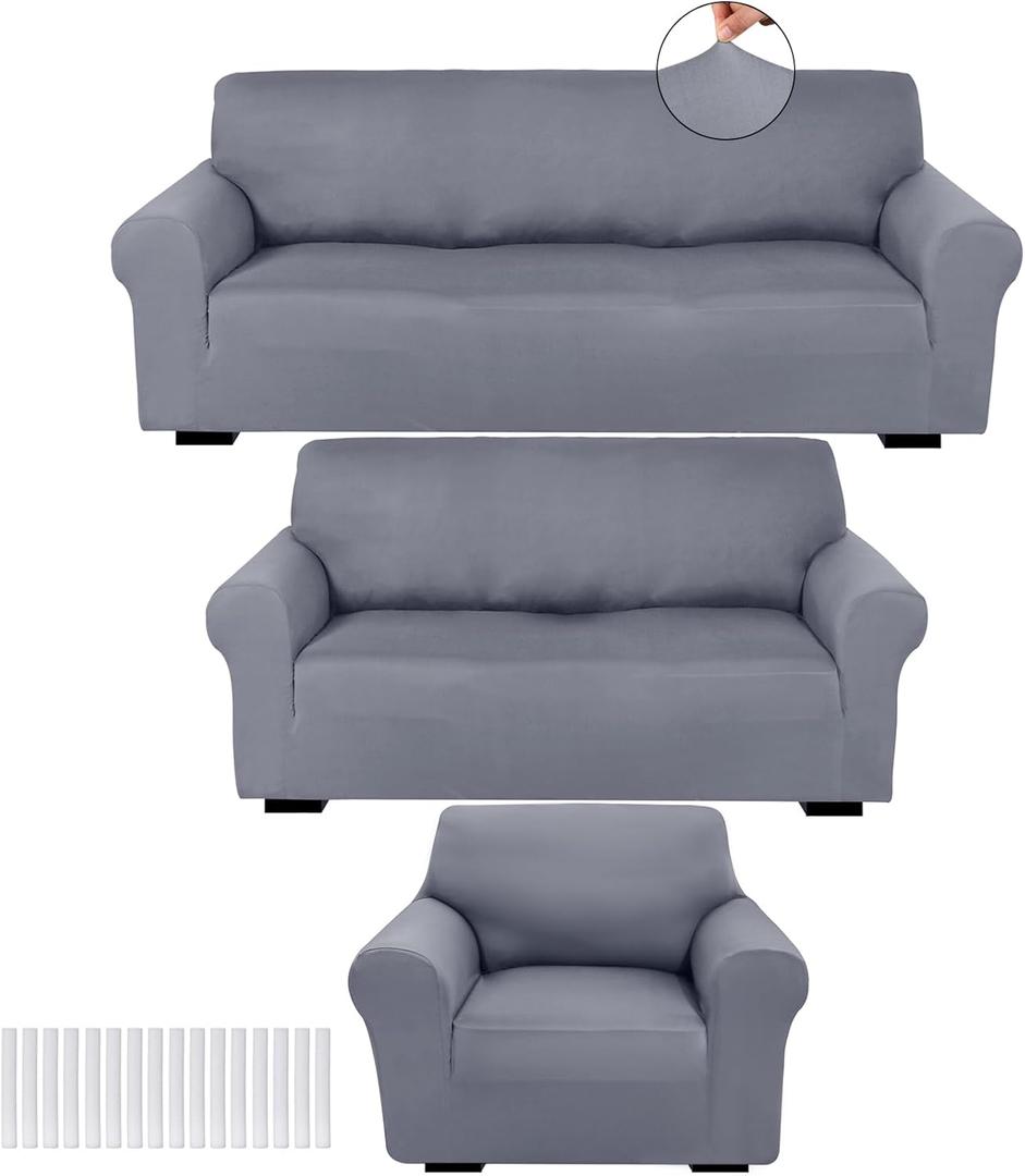 Peryiter 3 Pcs Slipcover Set for Couch Furniture Covers for Sofa Loveseat Couch Arm Chair, Form Fit Stretch, Wrinkle Free, Furniture Protector(Light Gray,Milk Silk Spandex)