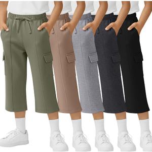 5 Pack Boys' Capris Pants Cargo Cropped Sweatpants Wide Leg Elastic Waist Drawstring 3/4 Short with 4 Pockets