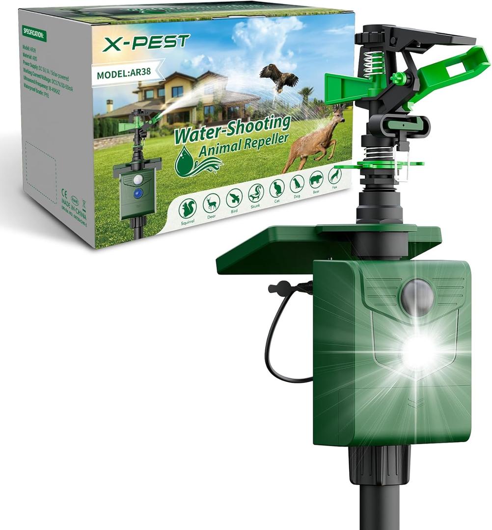 Motion Activated Animal Repeller with Water Sprinkler, Solar Powered Deer Repellent Devices, IP65 Waterproof Cat Repellent Outdoor with Flashing Light, Deter Foxes Skunks Dog Raccoons from Garden (Black)