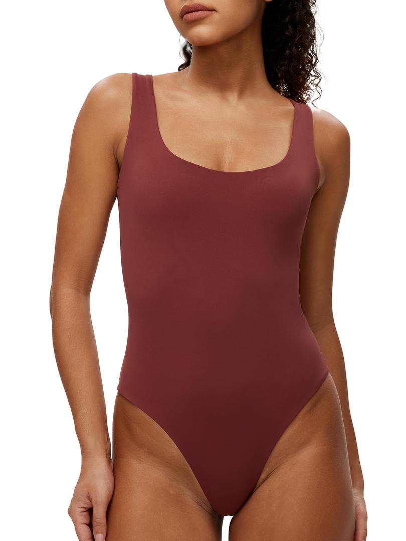 NANJI Sleeveless Tank Bodysuit for Women - Slim Fit Scoop Neck Thong Body Suit, Stretch Double Lined Tops Casual Going Out (Hot Chocolate, L)