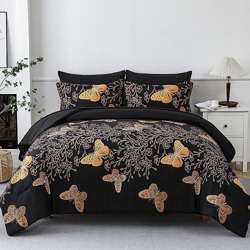 Yogeneg 7 Piece Bed in a Bag King Size Comforter Set Black Bedding Set,Gold Butterfly Leaves Printed on Black Reversible Design,Soft Microfiber Comforter with Sheet Set,All Season(Butterfly,King)