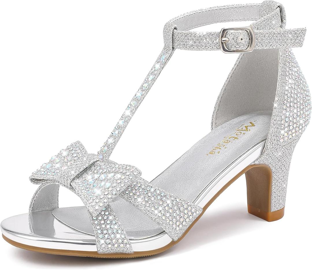 Girl Dress Shoes Girls High Heel Sandals Pump Open Toe T Strap Rhinestone Sandals Wedding Party Prom Shoes Little Big Kids
