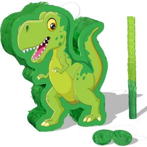 Zonon Green Dinosaur Piata Bundle, String Piata Dinosaur with a Blindfold and Stick Pull for Animal Themed Birthday Parties, Decorations Supplies, 16.5 x 11.8 x 3.1 Inches