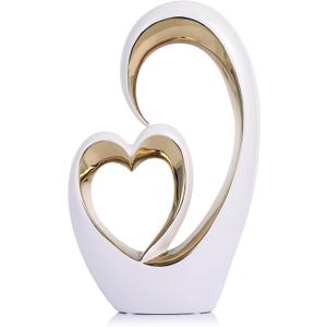 White Gold Ceramic Heart Statues - Abstract Home Sculptures for Bedroom, Wedding, Valentine Decor & Gifts for Women