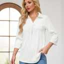 Womens 3 4 Sleeve Blouse Long Sleeve Business Casual Tunic Tops V Neck Work Tops Textured Dressy Casual Shirts (White, L)