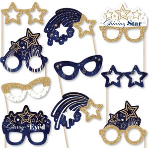 Big Dot of Happiness Starry Skies Glasses - Photo Booth Props & Decor, Gold Celestial Party Supply Kit, Durable Card Stock & Elegant Design - 10 Count