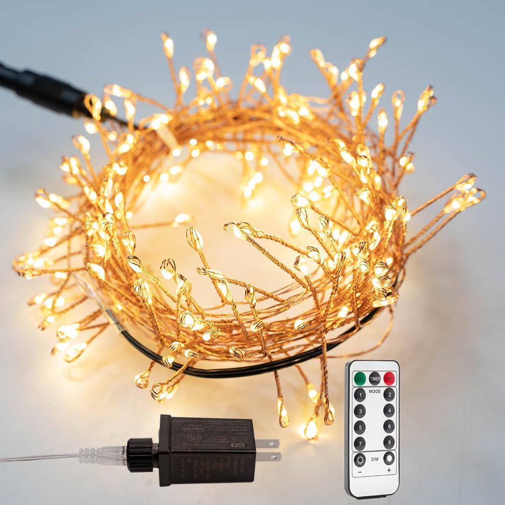 Plug in Firecracker Lights 20FT 200 LED Warm White Copper Wire Indoor Cluster Fairy Lights with Remote Timer for Bedroom, Living Room, Tree, Garden, Porch, Patio, Backyard, Christmas Tree