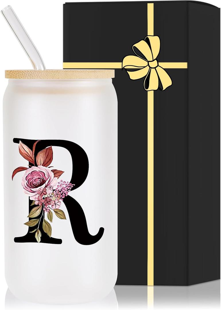 Monogrammed Glass Drinking Cup With Lid Straw Women Happy Birthday Christmas Xmas Day Holiday for Female Teacher Aunt Big Small Sister in Law Mother Stepmother Wedding Groom Bride Officiant Gift, R