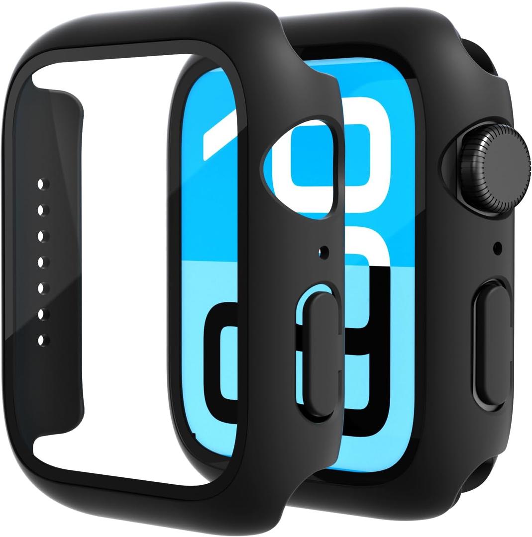 2 Pack Tempered Glass Case Compatible for Apple Watch SE 3 (2025) SE 2 SE Series 6 Series 5 Series 4 40mm, Hard PC Screen Protector Overall Protection Lightweight Scratch (Black(2-Pack), 40mm)