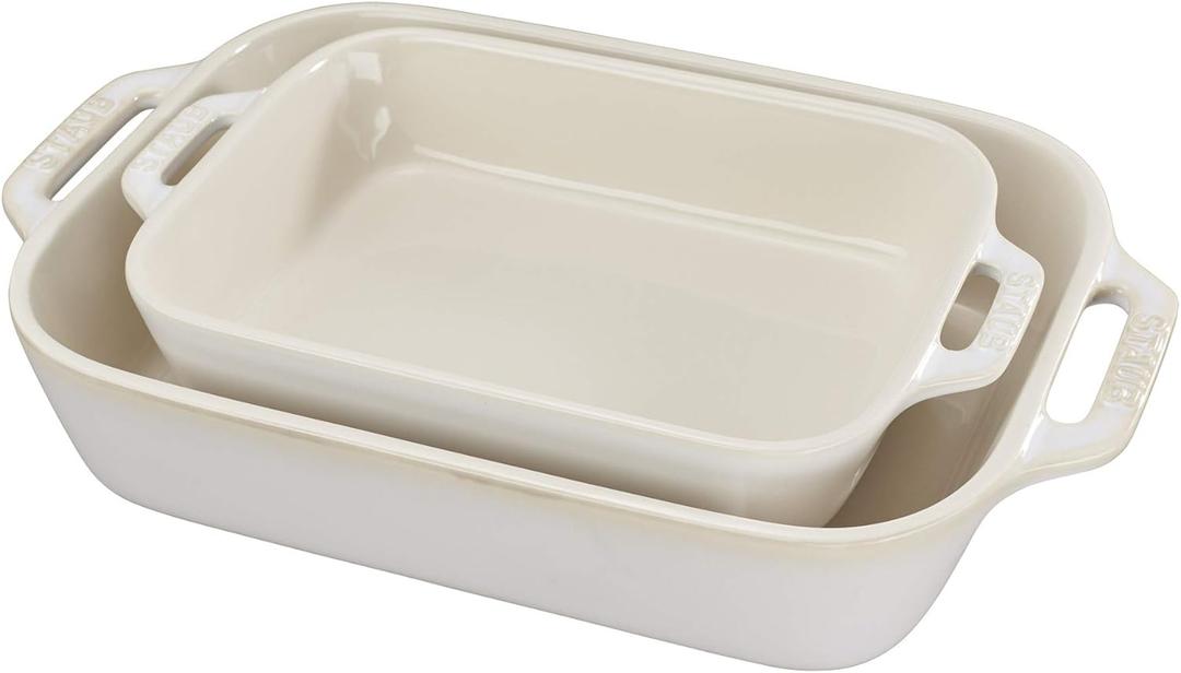 STAUB Ceramic Rectangular Baking Dish Set, 2 pc, Rustic Ivory