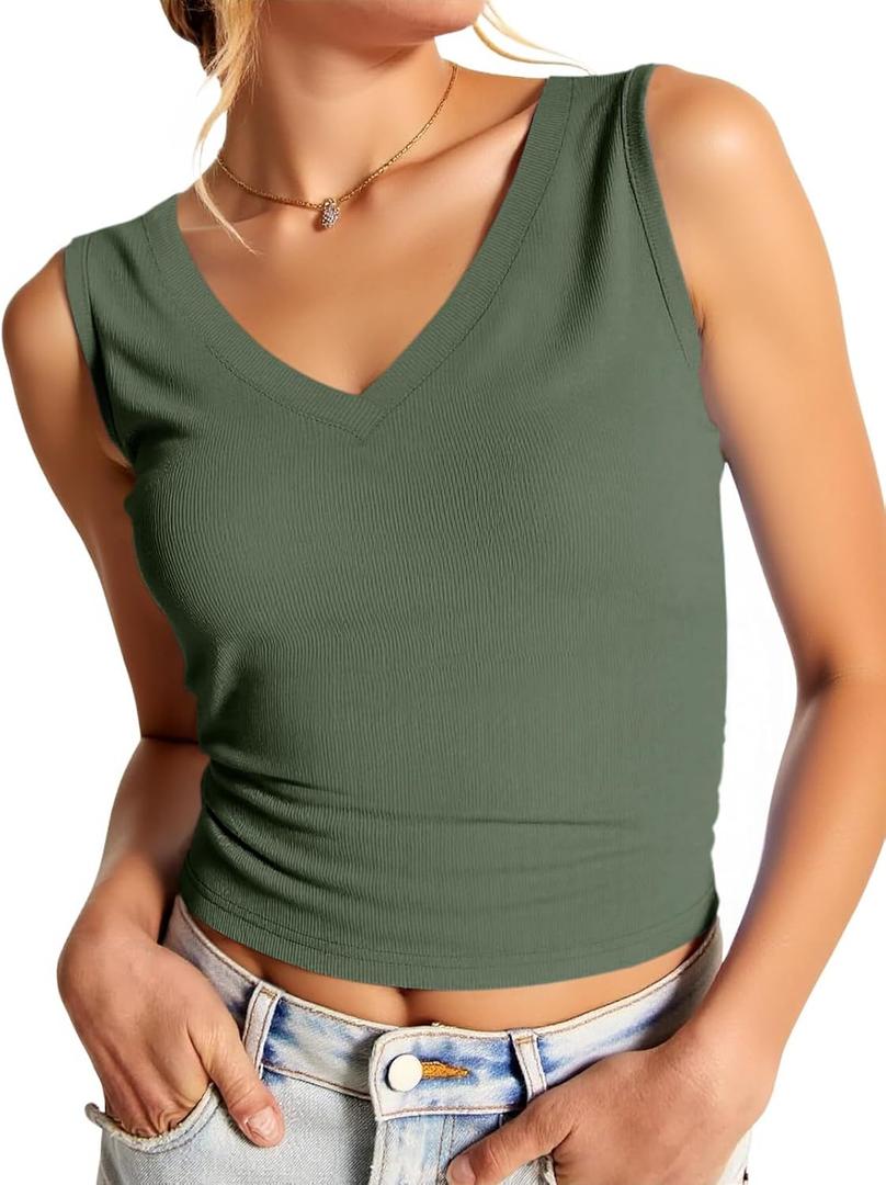 Imily Bela Womens Ribbed Tank Tops Summer Slim Fit V Neck Tops Casual Basic Knit Sleeveless Shirts (Green, XXL)