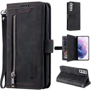 UEEBAI Wallet Case for Samsung Galaxy S21 FE 5G, Retro 9 Card Holder Slots Zipper Pocket PU Leather Handbag Cover Magnetic Closure Kickstand with Wrist Strap TPU Shockproof Flip Case - Black